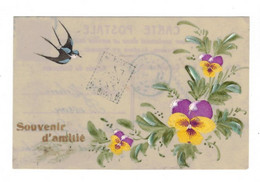 Fantaisie Cpa En Celluloïd Carte Peinte à La Main Souvenir D'Amitié Fleur Flower Fiore Oiseau Bird Cpa Voyagée En 1907 - Sonstige & Ohne Zuordnung