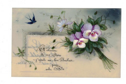 Fantaisie Cpa En Celluloïd Carte Peinte à La Main Fleur Flower Fiore Oiseau Bird Uccello Cpa Ecrite En 1914 En TB.Etat - Autres & Non Classés