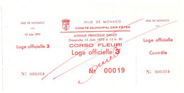 MONACO  BILLET ANNULE CORSO FLEURI  COMITE MUNICIPAL DES FETES  LOGE OFFICIELLE Du 15 60 1975 - Tickets - Vouchers