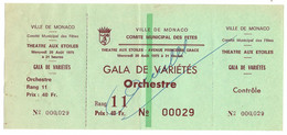 MONACO  BILLET ANNULE GALA DE VARIETES COMITE MUNICIPAL DES FETES  ORCHESTRE Du 20 8  1975 - Tickets - Entradas