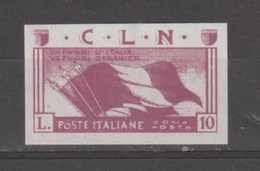 R.S.I.- C.L.N.: 1944  BANDIERE  AL  VENTO  -  £. 10  LILLA  CHIARO  NON  GOMMATO  -  NON  DENTELLATO  -  C.E.I. 6 - Nationales Befreiungskomitee