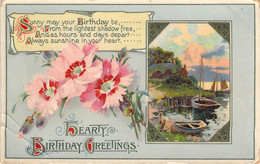 CPA Anniversaire - Hearty Birthday Greetings - Jolie Carte Fantaisie Illustration Bateaux Et Fleurs - Anniversaire