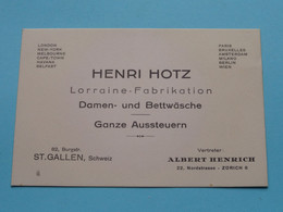 HENRI HOTZ Lorraine-Fabrikation ST. GALLEN, Schweiz (Vertreter > Albert Henrich Zürich) > Sehen / See / Voir >> Scans ! - Visitekaartjes