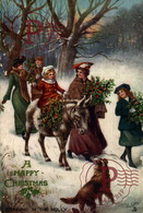 A HAPPY CHRISTMAS, BRINGING IN THE HOLLY OILETTE RAPHAEL TUCK & SONS.  ILLUSTRATION BURROS DONKEYS ÂNES EZEL - Asino