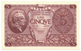 5 LIRE BIGLIETTO STATO ATENA LUOGOTENENZA UMBERTO CAVALLARO 23/11/1944 QFDS - Regno D'Italia – Other