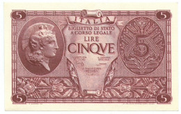 5 LIRE BIGLIETTO STATO ATENA LUOGOTENENZA UMBERTO CAVALLARO 23/11/1944 QFDS - Sonstige