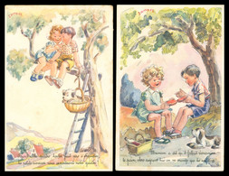 2 Cp - Illustration JANSER - Enfants Au Bord De L'eau - Arbre - Chien - Echelle Gouter Pain Confiture Oiseaux - 1967 - Janser