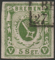 Bremen 1859 Sc 4a Mi 4c Yt 4b Used Chalky Paper Bremen Box Cancel Tiny Edge Thins - Bremen