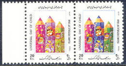 IRAN 1990, Weltkindertag Postfr. Kab.-Paar, ABART: Bei Der Linke Marke Blauer Farbe Grösstenteils Fehlend (Dry Print) - Irán