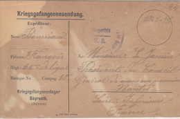 Carte En Franchise Militaire Allemande Pour PG Français Du Camp De BAYREUTH (Bavière) écrite Le 10.8.18 - Guerra Del 1914-18
