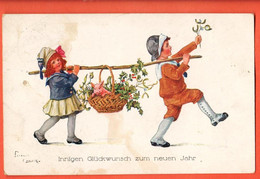 ZPU-33  Bonne Année  Innigen Glückwunsch Zum Neuen Jahr Couple D'enfants Portant Panier De Fleurs Circulé Sigriswil 1917 - Nouvel An