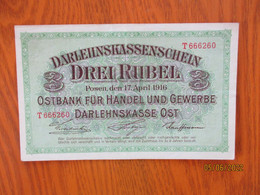 GERMANY  POLAND LATVIA  LITHUANIA  POSEN 1916  3 RUBEL  BANKNOTE , O - Primera Guerra Mundial