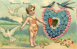 Thèmes Div.-ref-KK956- Carte Gaufrée - Angelot - Anges - Ange - Angels -angel- Coeur Myosotis Et Roses -heureuse Année - - Anges