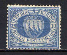 SAN MARINO - 1877 - STEMMA DI SAN MARINO - 10 CENT. MH - Unused Stamps