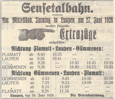 Werbung  "Sensetal Bahn - Extrazüge Turntag Laupen"       1926 - Werbung