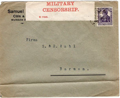52459 - Deutsches Reich - 1919 - 15Pfg Germania EF A Bf COELN -> Barmen, M. Brit. Zensur "K1196" - Storia Postale