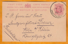 1911 - KEVII - One Penny Stationery PC From SHERBORNE, Dorset, England To KOLN, Cologne, Deutschland, Allemagne - Covers & Documents