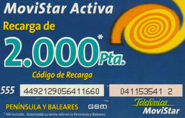 Spain, Espagne, Telefonica Movistar Activa, Recarga 2.000 Pta. - Autres & Non Classés