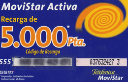 Spain, Espagne, Telefonica Movistar Activa, Recarga 5.000 Pta. - Altri & Non Classificati