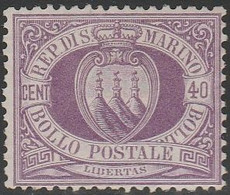 436 San Marino  1877 - 40 C. Lilla Scuro N. 7. Cat. € 600,00. SPL MH - Neufs