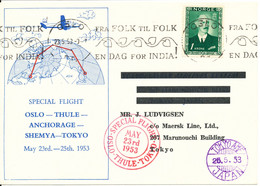 Norway SAS Special Flight Oslo-Thule-Anchorage-Shem Ya-Tokyo 23 To 25-5-1953 - Covers & Documents