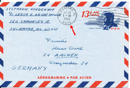 USA Aerogramme Sent To Germany Sycamore 28-10-1968 (John F. Kennedy 13 C. Air Mail) - 1961-80