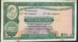 HONGKONG P182h2 10 DOLLARS 31.3.1978  #RD    AVF NO P.h. - Hongkong