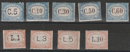 499 San Marino - Segnatasse  1925 - Colori Dei Riquadri Cambiati N. 19/27. Cert. E. Diena. Cat. € 1000,00. SPLMNH - Impuestos