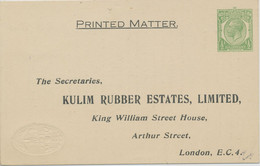 GB 1933, Superb Unused Stamped To Order Postal Stationery Postcard King George V 1/2d Green Of The "Kulim Rubber Estates - Ongebruikt