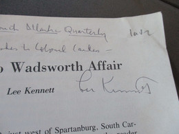 Tiré à Part Avec Envoi Autographe Lee Kennett The Camp Wadsworth Affair Militaria - Autres & Non Classés