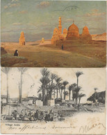 EGYPTE - 2 CARTES -VILLAGE ARABE + LES TOMBEAUX DES CALIFES  ANNEE 1905 ET 1907 - El Cairo