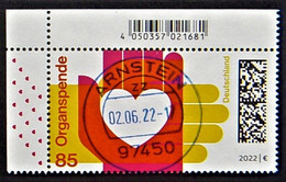 Bund/BRD Juni 2022 Sondermarke "Organspende" MiNr 3693, Ecke 1, Ersttagsgestempelt - Gebruikt