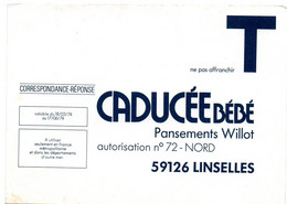 NORD - Dépt N° 59 = LINSELLES 1974 = CORRESPONDANCE REPONSE T  ' CADUCEE Bébé / Pansements WILLOT ' - Cartes/Enveloppes Réponse T