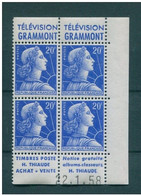 !!! 20 F MARIANNE DE MULLER BLOC DE 4 AVEC PUBS GRAMMONT - THIAUDE ET COIN DATE NEUF ** - 1950-1959