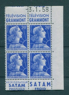 !!! 20 F MARIANNE DE MULLER BLOC DE 4 AVEC PUBS GRAMMONT - SATAM ET COIN DATE NEUF ** - 1950-1959