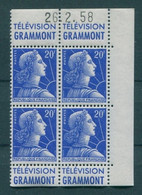 !!! 20 F MARIANNE DE MULLER BLOC DE 4 AVEC PUBS GRAMMONT  - GRAMMONT ET COIN DATE NEUF ** - 1950-1959