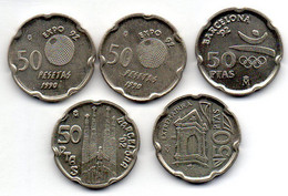 SPAIN, Set Of Five Coins 50 Pesetas, Copper-Nickel, Year 1990-93, KM #852, 853, 906, 907, 921 - 50 Pesetas