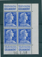 !!! 20 F MARIANNE DE MULLER BLOC DE 4 AVEC PUBS GRAMMONT  - GRAMMONT ET COIN DATE NEUF ** - 1950-1959