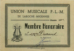 Laroche Migennes * Union Musicale P.L.M. * Mr DURAND * Carte Membre Ancienne Signée Par Le Président * La Roche - Migennes