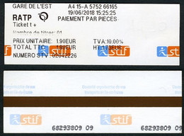 PARIS RATP/STIF  Ticket T+ Gare De L'Est - Europe