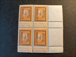 N 108 ** Mnh  " BRUSSEL 14 " Blok Van 4 + Bladrand - Typografisch 1912-14 (Cijfer-leeuw)