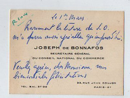 VP19.824 - PARIS - CDV - Carte De Visite - Mr Joseph De BONNAFOS Secrétaire Général Du Conseil National Du Commerce - Visitenkarten