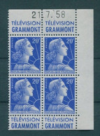 !!! 20 F MARIANNE DE MULLER BLOC DE 4 AVEC PUBS GRAMMONT  - GRAMMONT ET COIN DATE NEUF ** - 1950-1959