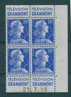 !!! 20 F MARIANNE DE MULLER BLOC DE 4 AVEC PUBS GRAMMONT  - GRAMMONT ET COIN DATE NEUF ** - 1950-1959