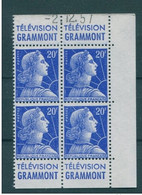 !!! 20 F MARIANNE DE MULLER BLOC DE 4 AVEC PUBS GRAMMONT  - GRAMMONT ET COIN DATE NEUF ** - 1950-1959