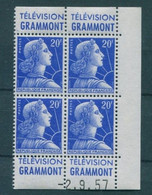 !!! 20 F MARIANNE DE MULLER BLOC DE 4 AVEC PUBS GRAMMONT  - GRAMMONT ET COIN DATE NEUF ** - 1950-1959