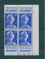 !!! 20 F MARIANNE DE MULLER BLOC DE 4 AVEC PUBS GRAMMONT  - GRAMMONT ET COIN DATE NEUF ** - 1950-1959