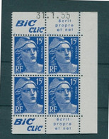 !!! 15 F MARIANNE DE GANDON BLOC DE 4 AVEC PUBS BIC CLIC ET COIN DATE NEUF ** - 1950-1959