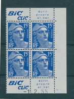 !!! 15 F MARIANNE DE GANDON BLOC DE 4 AVEC PUBS BIC CLIC ET COIN DATE NEUF ** - 1950-1959