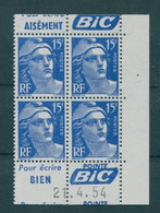 !!! 15 F MARIANNE DE GANDON BLOC DE 4 AVEC PUBS BIC CLIC ET COIN DATE NEUF ** - 1950-1959